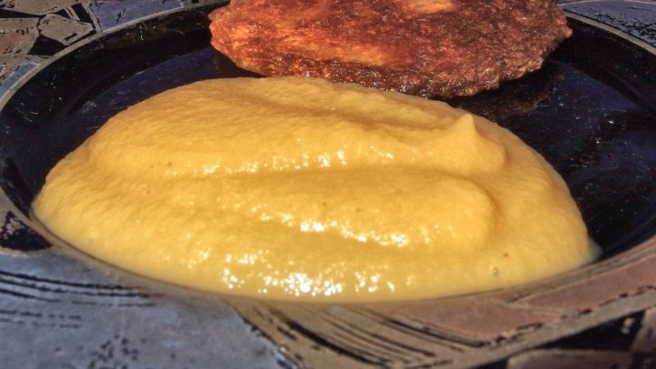 Ein Teller mit cremigem Apfelmus, das neben einem goldbraun gebratenen St&uuml;ck liegt, auf einem rustikalen Tisch.