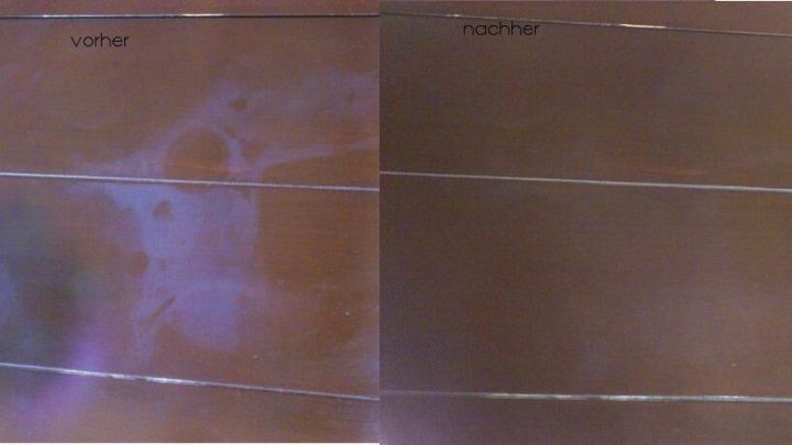 Dunkles Holz zeigt links bemerkenswerte Flecken, die das Finish beeintr&auml;chtigen, rechts ist es unversehrt.