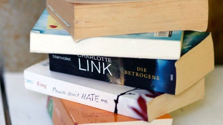 Mehrere B&uuml;cher sind &uuml;bereinander gestapelt, w&auml;hrend sie darauf warten, geteilt oder gelesen zu werden.