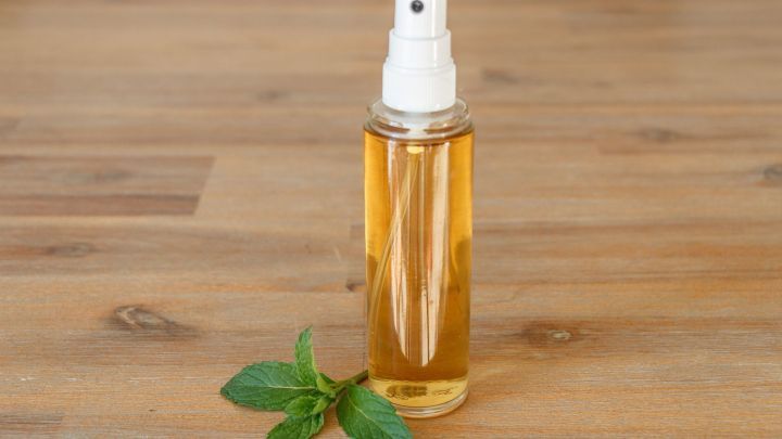 Ein Flakon mit erfrischendem Minz&ouml;l steht auf einem Holztisch, umgeben von frischen Minzbl&auml;ttern f&uuml;r K&ouml;rper und Geist.