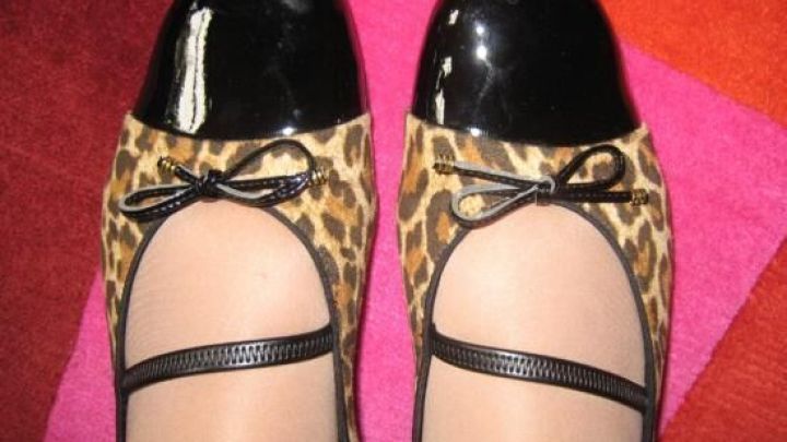 Ballerina-Schuhe mit Leopardenmuster und gl&auml;nzenden Spitzen; tragen auf buntem Teppich, akkurat aufgestellt.