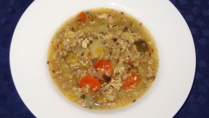 Eine Sch&uuml;ssel mit herzhaftem Eintopf, angereichert mit M&ouml;hren, auf einem wei&szlig;en Teller vor einem blauen Hintergrund.