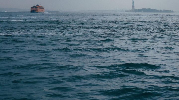 Ein Frachtschiff f&auml;hrt &uuml;ber das ruhige Wasser, w&auml;hrend im Hintergrund die Statue der Freiheit schwach sichtbar ist.