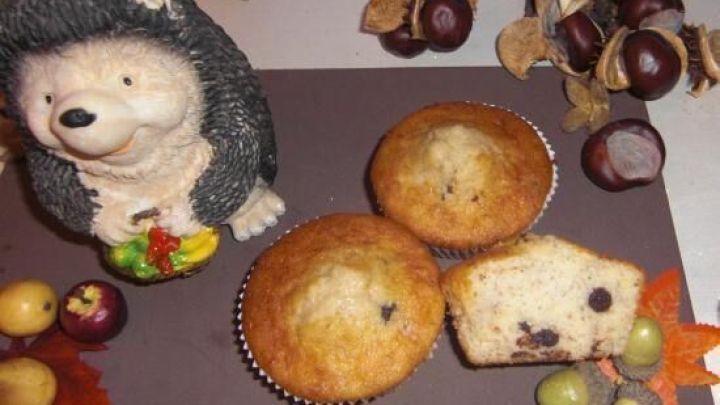 Zwei frisch gebackene Muffins mit Schokost&uuml;ckchen liegen auf einem Tisch, umgeben von herbstlichen Dekorationen und einem Igel.