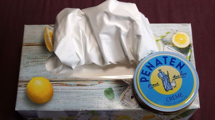 Eine Packung Taschent&uuml;cher liegt neben einer Dose Wundcreme, um bei Erk&auml;ltungssymptomen Linderung zu bieten.