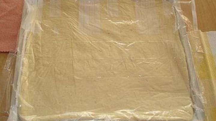 Ein quadratisches St&uuml;ck Blechkuchen-Teig liegt abgedeckt auf einer Arbeitsfl&auml;che und wartet darauf, ausgerollt zu werden.