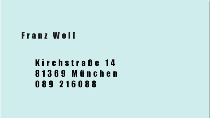 Eine bunte Visitenkarte zeigt den Namen und Kontaktdaten von Franz Wolf in einem klaren Layout.