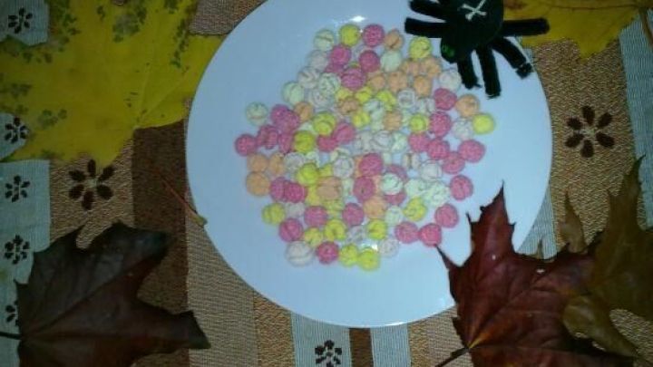 Bunte S&uuml;&szlig;igkeiten in Form von Geistern und K&uuml;rbissen liegen auf einem wei&szlig;en Teller, umgeben von herbstlichen Bl&auml;ttern.