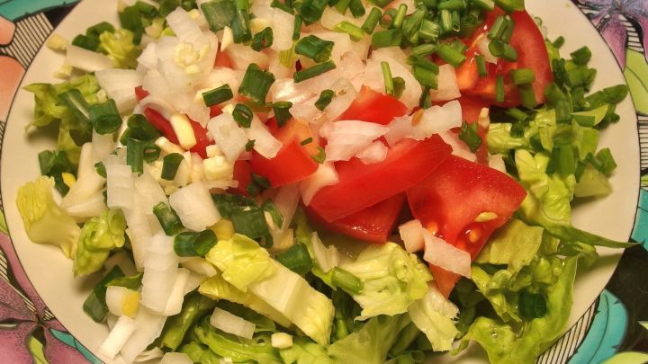 Ein bunten Mischsalat liegt auf einem Teller, w&auml;hrend frische Zutaten wie Tomaten, Zwiebeln und Schnittlauch sichtbar sind.