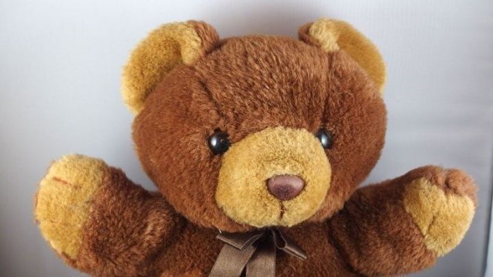 Ein brauner B&auml;rchen-Stofftier mit Granulatf&uuml;llung sitzt auf einem wei&szlig;en Hintergrund und hat die Arme offen.