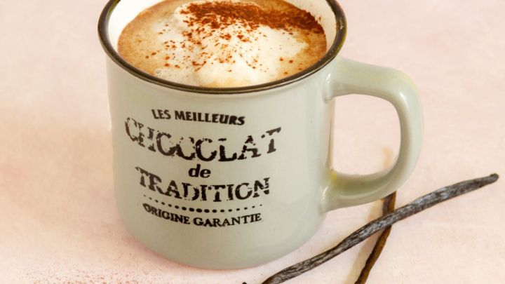 Ein gr&uuml;ner Becher mit schaumigem, scharfem Kakao, bestreut mit Zimt, steht auf einer hellen Unterlage, umgeben von Vanilleschoten.