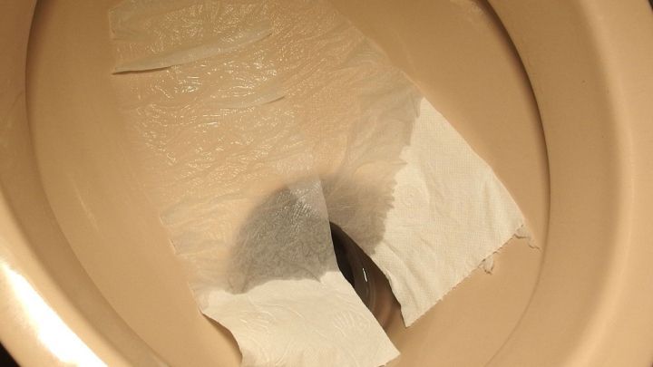 Im WC liegt ein St&uuml;ck Klopapier, das Wasser spart, w&auml;hrend es auf die Beckenoberfl&auml;che aufgelegt ist.