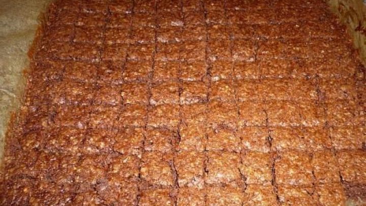 Haferkl&ouml;tzchen liegen in rechteckigen St&uuml;cken auf einem Blech, frisch gebacken und leicht goldbraun.