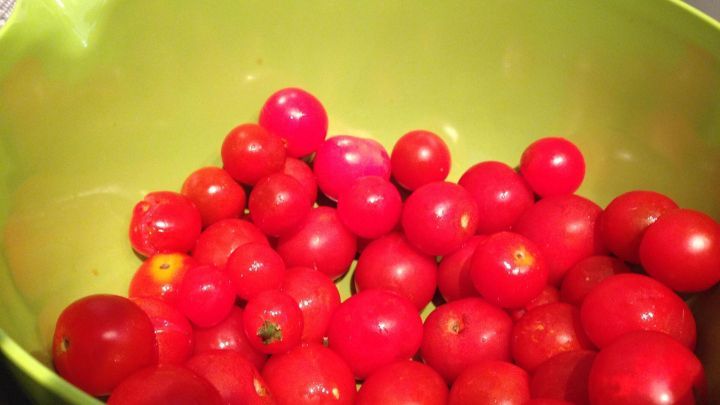 Rote Kirschtomaten ruhen in einer gro&szlig;en, gr&uuml;nen Sch&uuml;ssel, die auf einer K&uuml;chenarbeitsplatte steht.