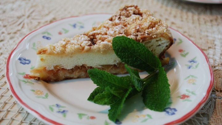 Saftiger Apfel-Pudding-Kuchen mit einer Streuselschicht liegt auf einem blumengemusterten Teller und frischem Minze.