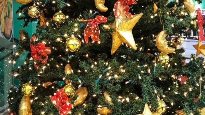Ein festlich geschm&uuml;ckter Weihnachtsbaum mit goldenen Sternen und roten B&auml;ndern leuchtet hell in einem weihnachtlichen Raum.