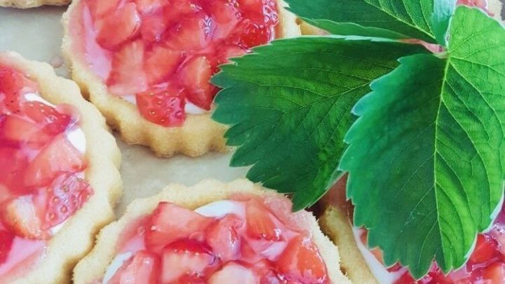 Kleine, runde T&ouml;rtchen mit frischen Erdbeeren und G&ouml;tterspeise stehen auf einem Blech, umgeben von gr&uuml;nem Blattwerk.