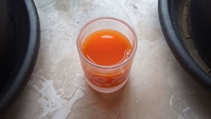 Ein Glas Karottensaft steht auf einer glatten Oberfl&auml;che zwischen zwei T&ouml;pfen, bereit zur Bek&auml;mpfung von Trauerm&uuml;cken.