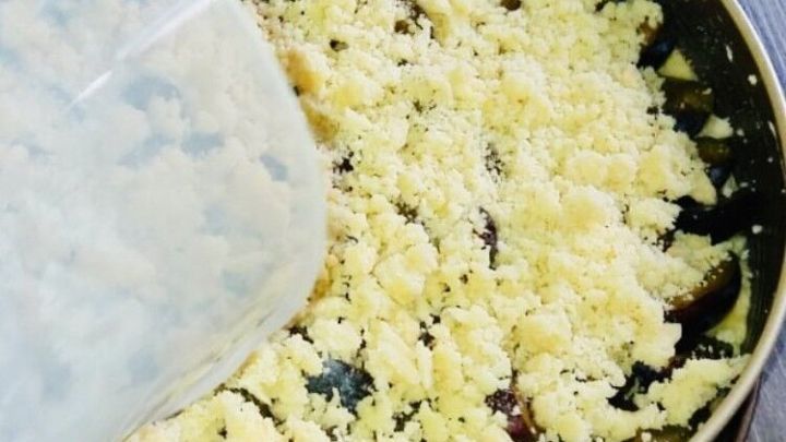 Ein springform&auml;hnlicher Kuchenbeh&auml;lter mit Knusperstreuseln ist ge&ouml;ffnet und zeigt eine Schicht von gebackenen Fr&uuml;chten darunter.