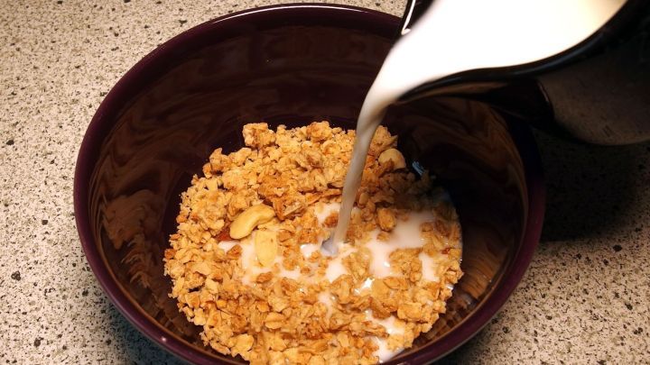 Haferflocken in einer Sch&uuml;ssel werden mit einem milch&auml;hnlichen Milchersatz lactosefrei &uuml;bergossen, auf einer Arbeitsfl&auml;che.