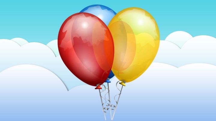 Bunte Luftballons schweben im Himmel, bereit f&uuml;r eine fr&ouml;hliche Retro-Feier zum Kindergeburtstag.