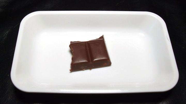 Ein St&uuml;ck Schokolade liegt unber&uuml;hrt auf einem wei&szlig;en Teller, bereit, M&auml;use anzulocken. Der Hintergrund ist schwarz.