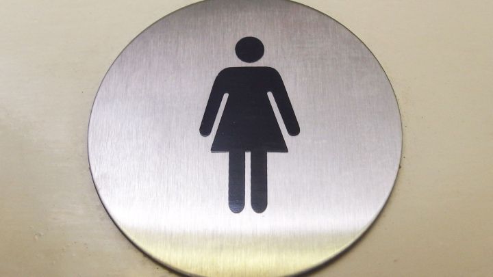 Ein rundes, silbernes Schild zeigt das Symbol einer Frau. Es ist an einer Wand befestigt, um die Damen-Toilette zu kennzeichnen.