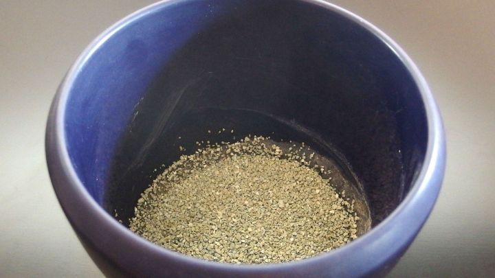 Ein blauer Blumentopf enth&auml;lt Katzenstreu, das auf dem Boden verteilt ist, um Staun&auml;sse zu reduzieren.