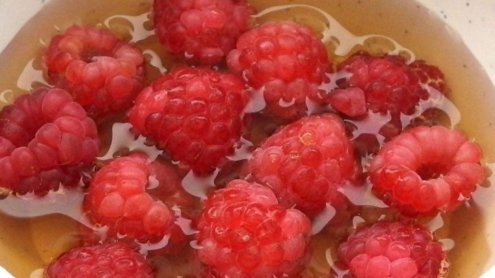 Frische Himbeeren schwimmen in einer Sch&uuml;ssel mit Essigwasser, um ihre Haltbarkeit zu verl&auml;ngern.