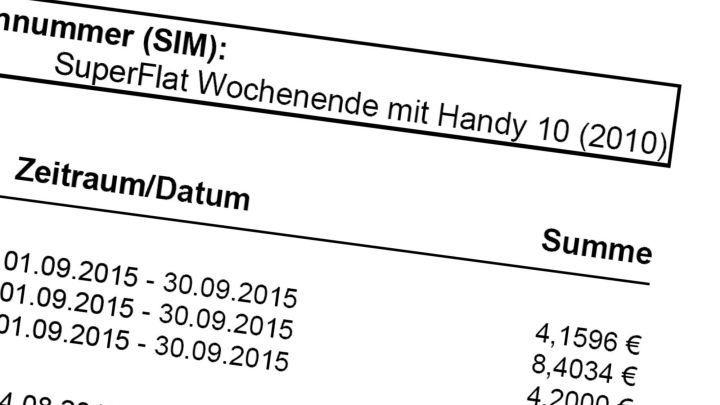Eine Rechnung zeigt Geb&uuml;hren f&uuml;r einen Mobilfunktarif mit Handy. Der Zeitraum umfasst mehrere Monate mit verschiedenen Summen.