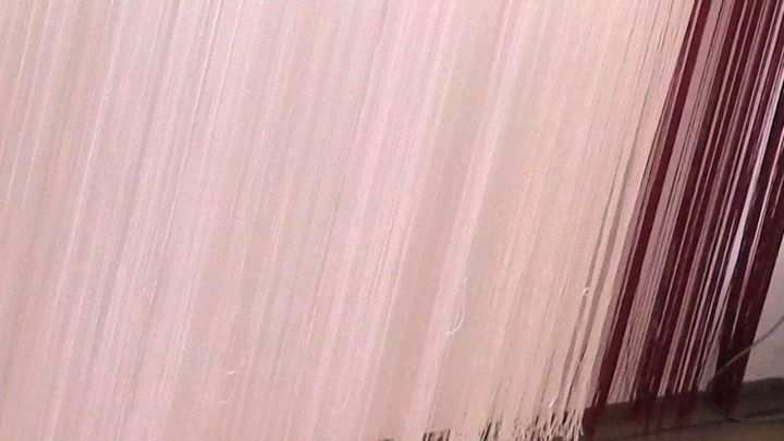 Ein Fadenvorhang h&auml;ngt senkrecht und zeigt lange, feine F&auml;den, die sorgf&auml;ltig gek&uuml;rzt und in einem Raum pr&auml;sentiert werden.