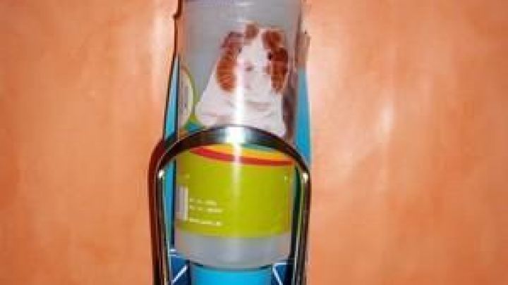 Ein Trinkflaschenhalter aus Kunststoff h&auml;ngt an einer Wand und h&auml;lt eine flache Wasserflasche, die f&uuml;r Nager geeignet ist.