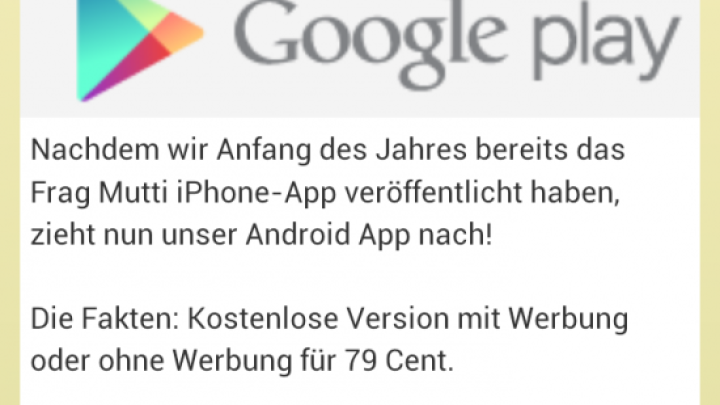Die Anwendung zeigt die Frag Mutti App f&uuml;r Android, die im Google Play Store verf&uuml;gbar ist, mit Informationen zur Version.