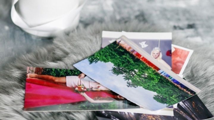 Farbenfrohe Fotos liegen verstreut auf einem weichen, grauen Untergrund, umgeben von einem kleinen wei&szlig;en Blumentopf mit rosa Rosen.