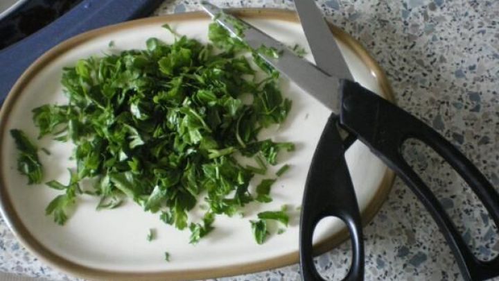 Schere liegt neben frisch geschnittenen Kr&auml;utern auf einem Teller, umgeben von einer K&uuml;chenoberfl&auml;che.