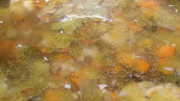 Eine klare Br&uuml;he mit buntem Gem&uuml;se k&ouml;chelt in einem Topf, bereit zum Einfrieren als Konzentrat f&uuml;r sp&auml;teren Gebrauch.