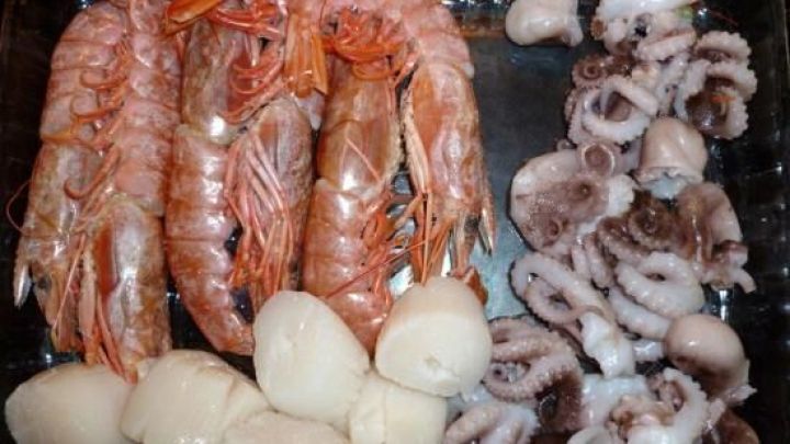 Eine Meeresfr&uuml;chteplatte zeigt frisch zubereitete Garnelen und Oktopus, appetitlich angerichtet in einer schwarzen Schale.