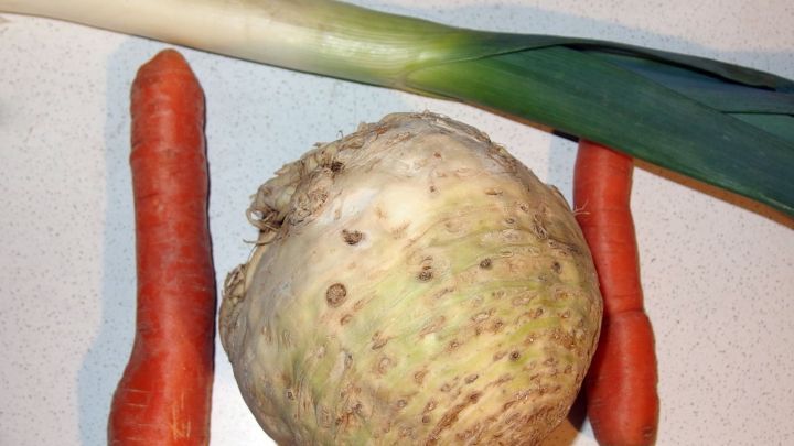 Eine Selleriewurzel, umgeben von zwei Karotten und einem Lauch, liegt auf einer hellen Arbeitsfl&auml;che.