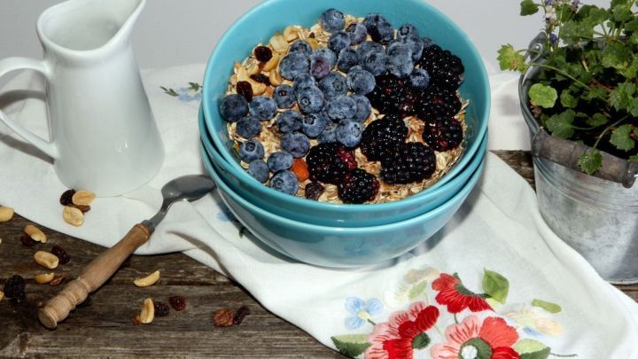 Eine gro&szlig;e Sch&uuml;ssel mit Haferbrei, bedeckt mit Heidelbeeren und Brombeeren, steht auf einem Tisch mit einer bl&uuml;henden Pflanze.