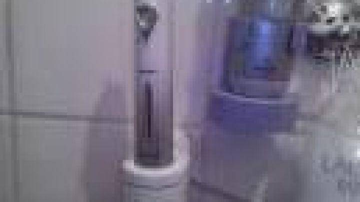 Eine elektrische Zahnb&uuml;rste steckt in einer Halterung an einer gefliesten Wand, umgeben von Duschprodukten.