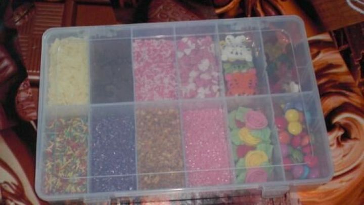 Eine transparente Aufbewahrungsbox enth&auml;lt buntes Streusel und dekorative Zutaten, ordentlich getrennt und leicht zug&auml;nglich.