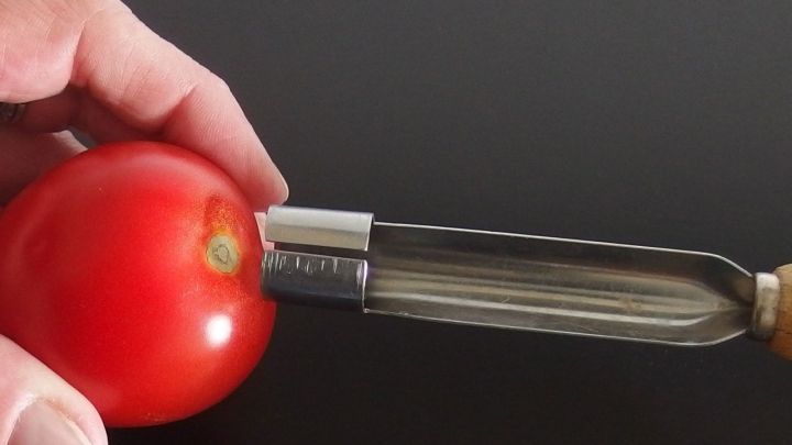Eine Hand h&auml;lt eine Tomate, w&auml;hrend ein Werkzeug dazu verwendet wird, den Tomatenstrunk zu entfernen.