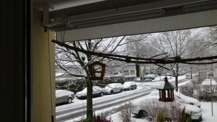 Eine Fenstersicht zeigt einen verschneiten Balkon mit einem Vogelhaus, das auf die V&ouml;gel wartet, w&auml;hrend Autos im Schnee parken.