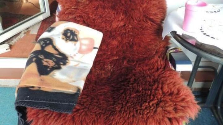 Ein gem&uuml;tlicher Stuhl im Freien ist mit einem weichen, roten Schaffell und einer Decke f&uuml;r die G&auml;ste ausgestattet.