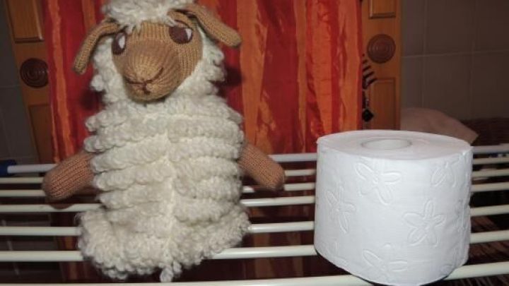 Eine Handpuppe in Schafgestalt steht neben einer Rolle Toilettenpapier auf einem Gestell in einem Badezimmer.