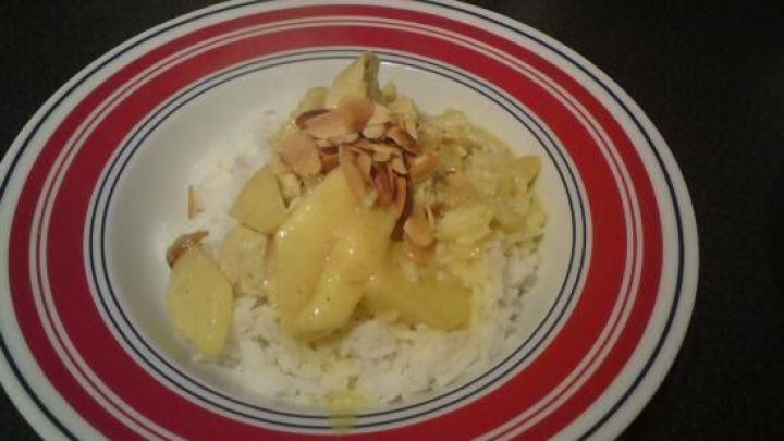 Ein Teller mit Curry-Huhn serviert auf wei&szlig;em Reis, garniert mit Mandeln, auf einem rot-wei&szlig;en Teller auf dunklem Tisch.