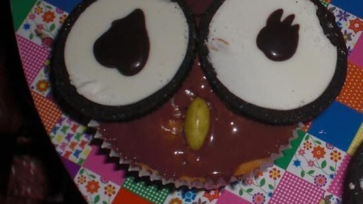 Ein Eulen-Muffin mit runden Keksaugen und Schokoladentropfen auf einem bunten, karierten Untergrund.