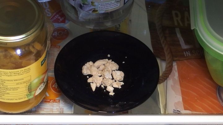 Auf einem schwarzen Teller liegen kleine St&uuml;cke Hefe in einem K&uuml;hlschrank, um Ger&uuml;che zu beseitigen.