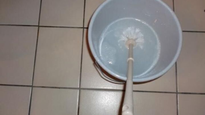 Eine Toilettenb&uuml;rste steht in einem leeren Eimer, umgeben von Fliesen, bereit zum einfachen Reinigen.