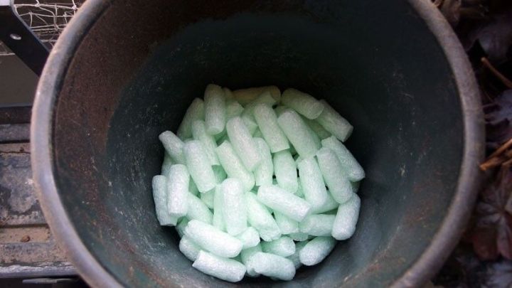 Ein Blumentopf ist mit gr&uuml;nen Verpackungs-Pellets gef&uuml;llt, die als leichte Drainageschicht dienen.